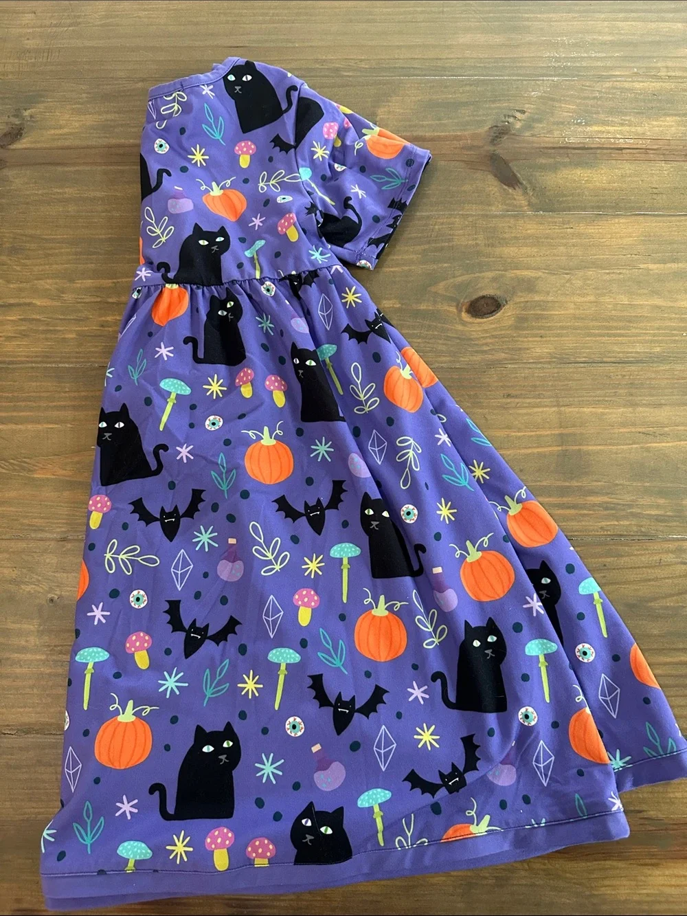 Girls Purple Halloween Cat & Pumpkin Dress with Striped Pockets